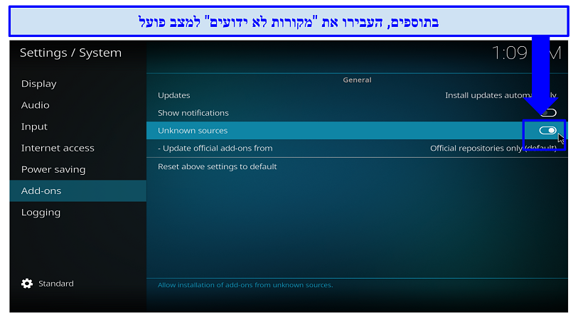 A screenshot showing you need to toggle Unkown source to ON to allow installation on third-party Kodi add-ons