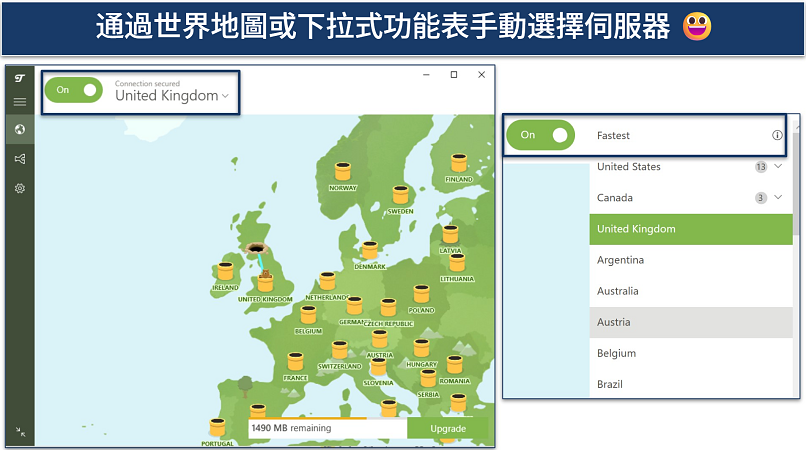 Screenshot of TunnelBear's free Windows VPN app showing server map and drop-down list