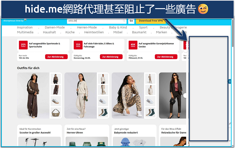Screenshot of the Otto.de marketplace loaded via the hide.me web proxy